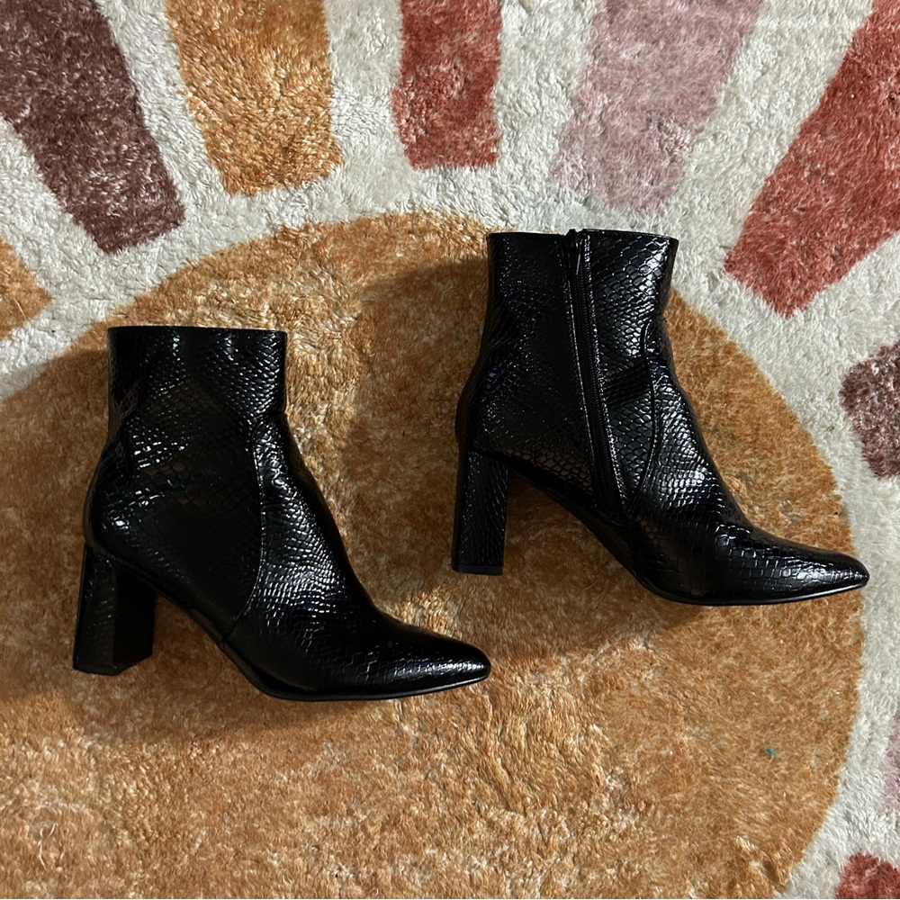 Black Allegra K pointed toe snake skin print ankle boot with 3” block heel